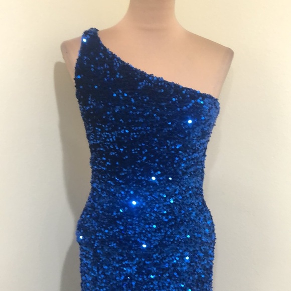 Crystal Doll Formal Maxi Dress Size 5 Royal Blue Sequin One Shoulder Cutout Gown - Picture 3 of 11